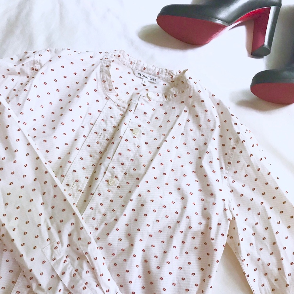 {helmut lang} white & red dot button-down shirt